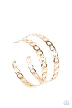 Load image into Gallery viewer, Gold chain links delicately interconnect into an edgy hoop for a game-changing look. Earring attaches to a standard post fitting. Hoop measures approximately 2 1/4&quot; in diameter.  Sold as one pair of hoop earrings.

