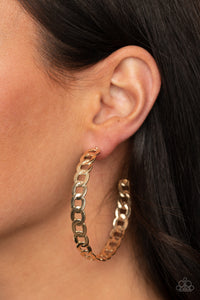 Gold chain links delicately interconnect into an edgy hoop for a game-changing look. Earring attaches to a standard post fitting. Hoop measures approximately 2 1/4" in diameter.  Sold as one pair of hoop earrings.