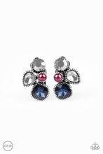 Load image into Gallery viewer, Infused with a dainty purple pearl, mismatched blue, smoky, and hematite rhinestones coalesce into a glittery frame. Earring attaches to a standard clip-on fitting. Sold as one pair of clip-on earrings.
