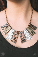 Load image into Gallery viewer, Abstract wavy plates of copper, silver, and brass are texturized with eye-catching hammered divots and alternating copper beads along a copper chain. Features an adjustable clasp closure.  Sold as one individual blockbuster necklace. Includes one pair of matching earrings.
