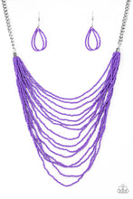 Load image into Gallery viewer, Row after row of refreshing purple seed beads cascade down the chest, creating summery layers. Features an adjustable clasp closure.   Sold as one individual necklace. Includes one pair of matching earrings.
