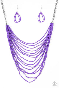 Row after row of refreshing purple seed beads cascade down the chest, creating summery layers. Features an adjustable clasp closure.   Sold as one individual necklace. Includes one pair of matching earrings.