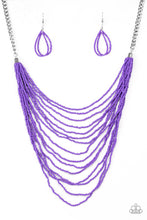 Load image into Gallery viewer, Row after row of vivacious purple seed beads cascade down the chest, creating summery layers. Features an adjustable clasp closure.  Sold as one individual necklace. Includes one pair of matching earrings.
