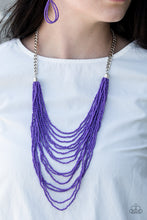 Load image into Gallery viewer, Row after row of vivacious purple seed beads cascade down the chest, creating summery layers. Features an adjustable clasp closure.  Sold as one individual necklace. Includes one pair of matching earrings.
