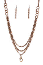 Load image into Gallery viewer, Bold copper chain links give way to layers of mismatched copper chain, creating a dramatic industrial collision. A lobster clasp hangs from the bottom of the design to allow a name badge or other item to be attached. Features an adjustable clasp closure. Sold as one individual lanyard. Includes one pair of matching earrings.

