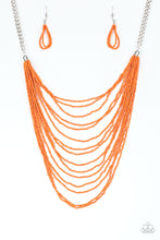 Load image into Gallery viewer, Row after row of vivacious orange seed beads cascade down the chest, creating summery layers. Features an adjustable clasp closure.  Sold as one individual necklace. Includes one pair of matching earrings.
