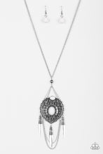 Load image into Gallery viewer, Refreshing white beads are pressed into a stacked silver pendant embossed 
