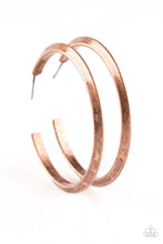 Load image into Gallery viewer, Brushed in an antiqued finish, a glistening copper hoop curls into a bold ribbed look for a sassy industrial finish. Earring attaches to a standard post fitting. Hoop measures 1 3/4” in diameter.  Sold as one pair of hoop earrings.
