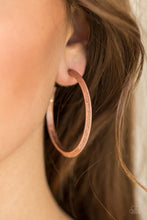 Load image into Gallery viewer, Brushed in an antiqued finish, a glistening copper hoop curls into a bold ribbed look for a sassy industrial finish. Earring attaches to a standard post fitting. Hoop measures 1 3/4” in diameter.  Sold as one pair of hoop earrings.
