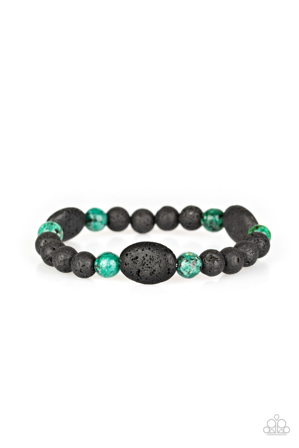 A collection of black lava rocks and earthy green stone beads are threaded along a stretchy band around the wrist for a seasonal look. Sold as one individual bracelet.