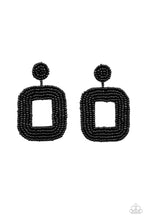 Load image into Gallery viewer, Fiery rows of dainty black seed beads adorn the front of a rounded square frame at the bottom of a matching beaded fitting, creating a blissfully beaded look. Earring attaches to a standard post fitting.  Sold as one pair of post earrings.
