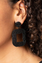 Load image into Gallery viewer, Fiery rows of dainty black seed beads adorn the front of a rounded square frame at the bottom of a matching beaded fitting, creating a blissfully beaded look. Earring attaches to a standard post fitting.  Sold as one pair of post earrings.
