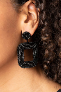 Fiery rows of dainty black seed beads adorn the front of a rounded square frame at the bottom of a matching beaded fitting, creating a blissfully beaded look. Earring attaches to a standard post fitting.  Sold as one pair of post earrings.