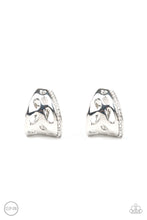 Load image into Gallery viewer, A row of glittery white rhinestones lines the edge of a curved silver frame featuring airy cutouts. Earring attaches to a standard clip-on fitting. Sold as one pair of clip-on earrings.
