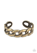 Load image into Gallery viewer, Brushed in an antiqued shimmer, oversized brass chain links boldly connect into a gritty cuff around the wrist.  Sold as one individual bracelet.
