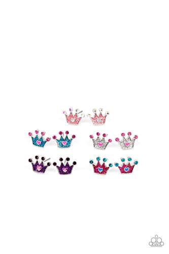 Earrings in assorted colors and crown shape. Blue, light pink, dark pink, silver and Purple. 