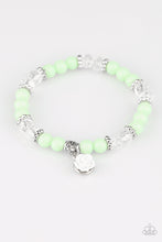 Load image into Gallery viewer, Colored beads with clear beads, silver accent beads, with a white rose that dangles on a stretchy bracelet.
