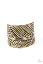 Load image into Gallery viewer, Embossed in life-like texture, an antiqued brass feather delicately curls around the wrist, creating a whimsical cuff.  Sold as one individual bracelet.

