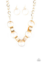 Load image into Gallery viewer, Etched in linear patterns, dramatically oversized gold links connect below the collar for a bold statement-making look. Features an adjustable clasp closure. Sold as one individual necklace. Includes one pair of matching earrings.
