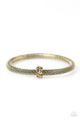 Shimmery brass mesh chain joins into a thick bangle around the wrist. Encrusted in glittery aurum rhinestones, a brass ring slides along the bangle, adding sassy sparkle to the edgy palette. Sold as one individual bracelet.