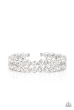 Load image into Gallery viewer, Encased in sleek silver fittings, two oversized rows of glassy white rhinestones stack into a blinding cuff around the wrist for a jaw-dropping look.  Sold as one individual bracelet.
