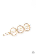 Load image into Gallery viewer, A trio of gold rings delicately connect into an airy minimalist inspired frame. Features a clamp barrette closure.  Sold as one individual hair clip.

