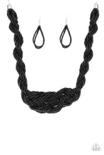 Load image into Gallery viewer, Countless strands of black seed beads are twisted and knotted together to create an unforgettable statement piece. Features an adjustable clasp closure. Sold as one individual necklace. Includes one pair of matching earrings.
