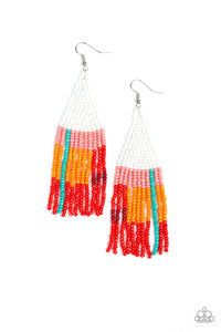 Featuring white, pink, blue, orange, and red seed beads, dainty beaded tassels swing from a beaded triangular frame for a colorful tribal look. Earring attaches to a standard fishhook fitting.  Sold as one pair of earrings.