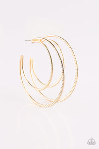 Featuring diamond-cut textures, two glistening gold bars curl into a bold hoop for a flawless finish. Earring attaches to a standard post fitting. Hoop measures 2 3/4” in diameter. Sold as one pair of hoop earrings.