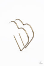 Load image into Gallery viewer, Brushed in a rustic antiqued finish, a flat brass bar delicately bends into an airy heart frame for a flirtatious finish. Earring attaches to a standard post fitting. Hoop measures approximately 2&quot; in diameter.  Sold as one pair of hoop earrings.

