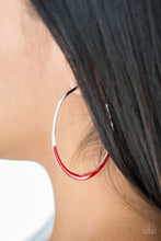 Load image into Gallery viewer, As if dipped in paint, the bottom of an asymmetrical silver hoop has been glazed in a shiny red finish for a colorful finish. Earring attaches to a standard post fitting. Hoop measures 1 3/4&quot; in diameter. Sold as one pair of hoop earrings.
