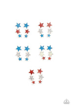 Load image into Gallery viewer, Earrings in assorted colors and star shapes. Let freedom ring with these red, white and blue iridescent stars. Earrings attach to standard post fittings.
