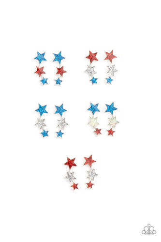 Earrings in assorted colors and star shapes. Let freedom ring with these red, white and blue iridescent stars. Earrings attach to standard post fittings.