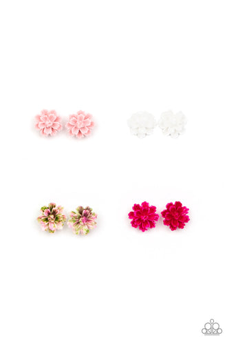Earrings in assorted colors and floral shapes. The colorful floral frames vary in shades of white, light pink, dark pink, and multicolored. Earrings attach to standard post fittings.