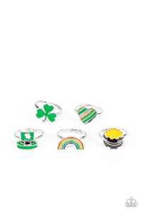 Rings in assorted colors and shapes. The St. Patrick's Day inspired frames feature a clover, rainbow, top hat, heart, and a pot of gold.