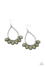 Load image into Gallery viewer, Featuring decorative silver fittings, earthy green stones fan out from the bottom of an airy silver teardrop frame for a seasonal flair. Earring attaches to a standard fishhook fitting. Sold as one pair of earrings.
