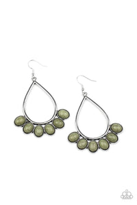 Featuring decorative silver fittings, earthy green stones fan out from the bottom of an airy silver teardrop frame for a seasonal flair. Earring attaches to a standard fishhook fitting. Sold as one pair of earrings.