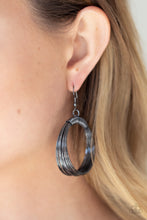 Load image into Gallery viewer, Dainty gunmetal wire delicately wraps around layers of coiled gunmetal wire, creating an edgy hoop. Earring attaches to a standard fishhook fitting.  Sold as one pair of earrings.
