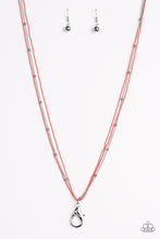 Load image into Gallery viewer, Painted in a refreshing coral finish, dainty ball-chains and a shimmery silver satellite chain drapes across the chest for a colorful industrial look. A lobster clasp hangs from the bottom of the design to allow a name badge or other item to be attached. Features an adjustable clasp closure.  Sold as one individual lanyard. Includes one pair of matching earrings.
