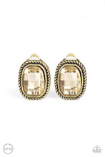 Load image into Gallery viewer, Faceted topaz gems are pressed into textured brass frames for a refined look. Earring attaches to a standard clip-on fitting.  Sold as one pair of clip-on earrings.
