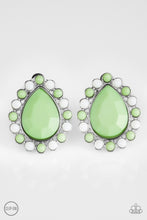 Load image into Gallery viewer, Dainty white and green beads spin around a faceted green teardrop, creating a colorful frame. Earring attaches to a standard clip-on fitting.  Sold as one pair of clip-on earrings.
