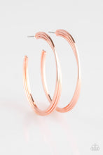Load image into Gallery viewer, Three flat shiny copper bars curl into a bold industrial hoop. Earring attaches to a standard post fitting. Hoop measures 2&quot; in diameter.  Sold as one pair of hoop earrings.
