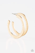 Load image into Gallery viewer, Etched in a scratched shimmer, a flat gold bar curls around the ear, creating a blinding sparkle. Earring attaches to a standard post fitting. Hoop measures 1 1/2” in diameter.  Sold as one pair of hoop earrings.
