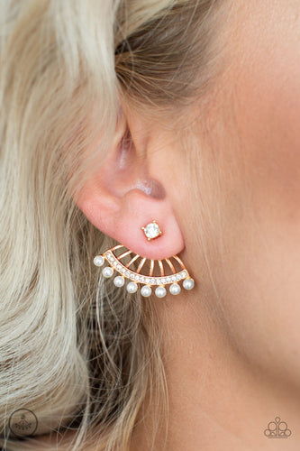A solitaire white rhinestone attaches to a double-sided post, designed to fasten behind the ear. Encrusted in glassy white rhinestones and dainty white pearls, the double-sided post peeks out beneath the ear, creating a glittery fringe. Earring attaches to a standard post fitting.  Sold as one pair of double-sided post earrings.