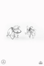 Load image into Gallery viewer, Pressed into a sleek silver frame, a solitaire white gem attaches to a double-sided post, designed to fasten behind the ear. Featuring matching marquise shaped frames , the stacked double-sided post peeks out beneath the ear, creating a glittery fringe. Earring attaches to a standard post fitting.  Sold as one pair of double-sided post earrings.
