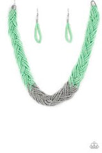 Load image into Gallery viewer, Strands of green seed beads create an indigenous braid below the collar. The green seed beads gradually morph into metallic silver beads at the center for a chic contrasting look. Features an adjustable clasp closure.  Sold as one individual necklace. Includes one pair of matching earrings.
