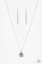 Load image into Gallery viewer, Stamped in the inspirational phrase, &quot;find joy in the journey,&quot; a round silver pendant swings below the collar for a seasonal look. Features an adjustable clasp closure.  Sold as one individual necklace. Includes one pair of matching earrings.
