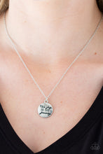 Load image into Gallery viewer, Stamped in the inspirational phrase, &quot;find joy in the journey,&quot; a round silver pendant swings below the collar for a seasonal look. Features an adjustable clasp closure.  Sold as one individual necklace. Includes one pair of matching earrings.
