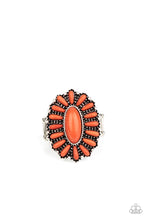 Load image into Gallery viewer, Vivacious orange stones are pressed into a studded silver frame, coalescing into a whimsical floral centerpiece atop the finger. Features a stretchy band for a flexible fit.  Sold as one individual ring.
