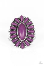 Load image into Gallery viewer, Vivacious purple stones are pressed into a studded silver frame, coalescing into a whimsical floral centerpiece atop the finger. Features a stretchy band for a flexible fit.  Sold as one individual ring.
